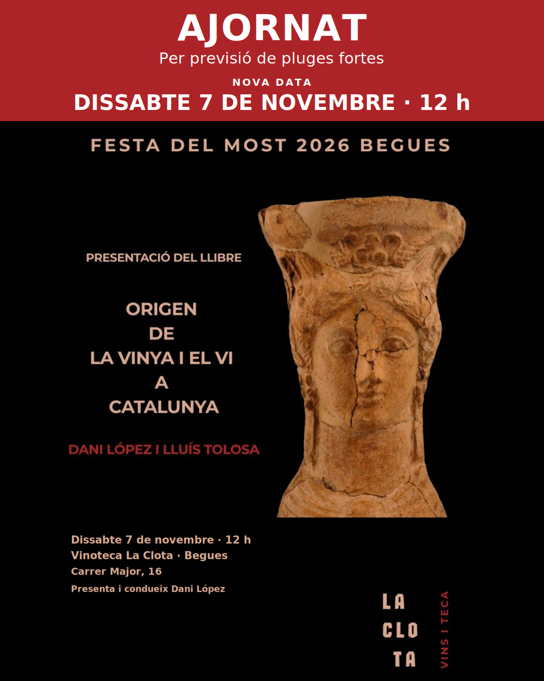 Cartell actualitzat: acte ajornat al 7 de novembre de 2026, a les 12 h, a La Clota de Begues