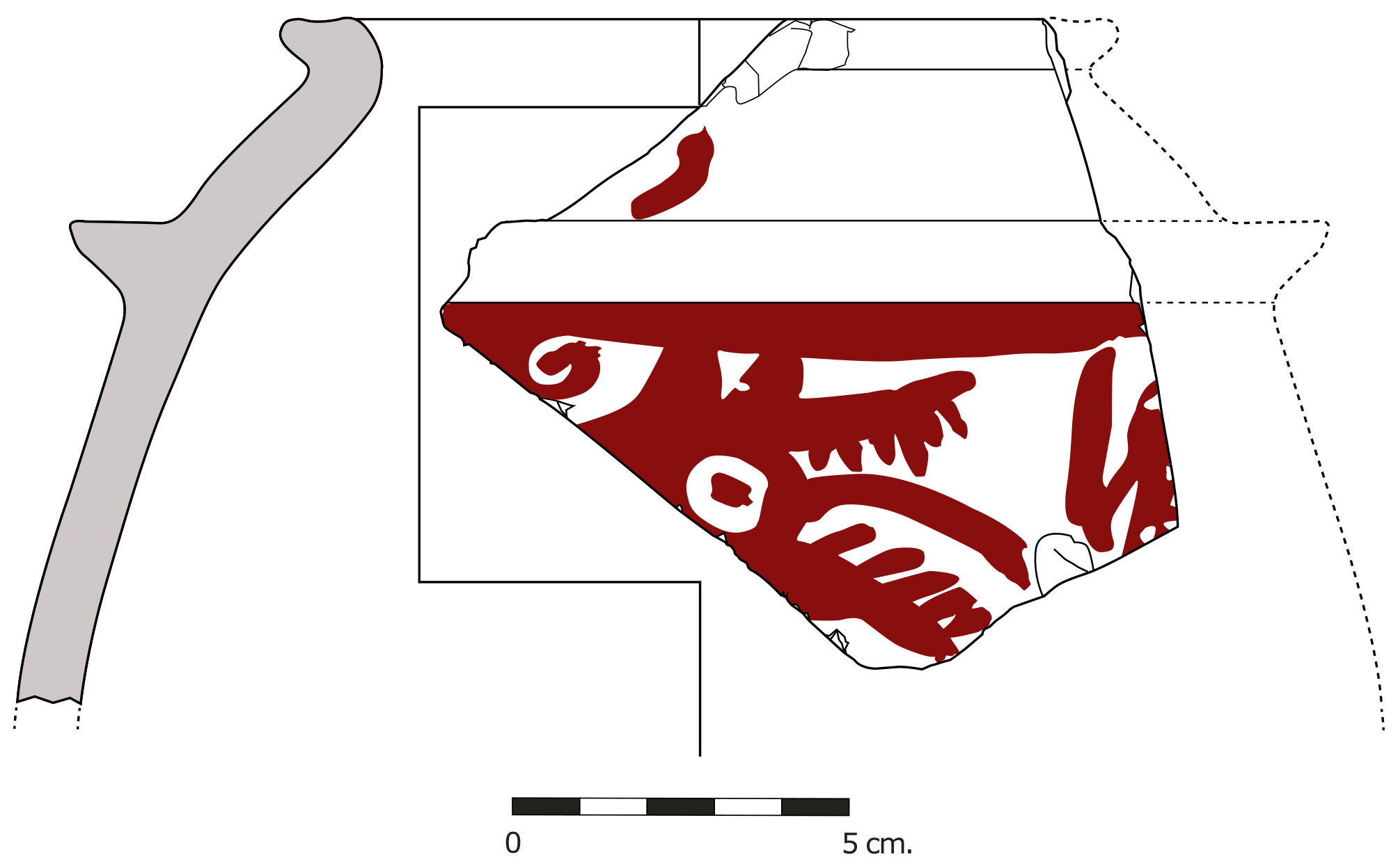 Dibuix arqueològic del perfil i la decoració en vermell del fragment amb el cap de probable llop