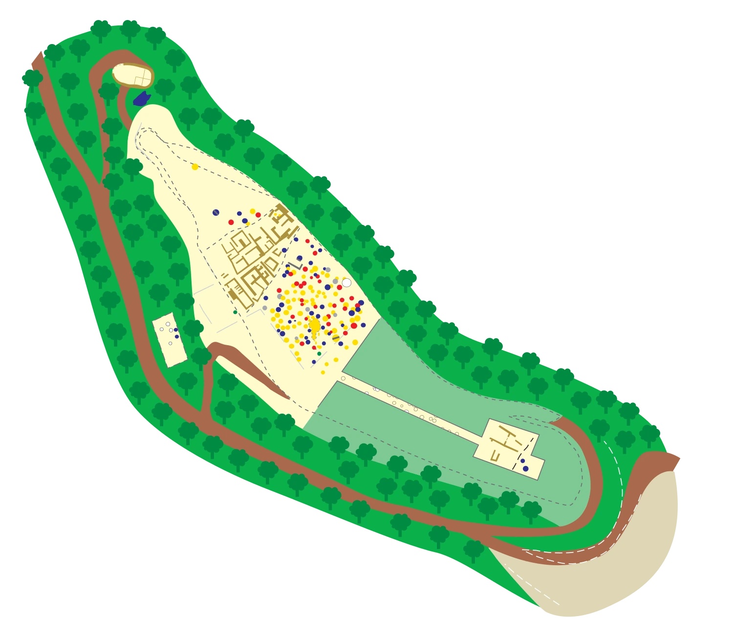 Planta de la Font de la Canya amb el celler al nord, l’hàbitat ibèric i el camp de sitges al centre, i l’hàbitat de la primera edat del ferro al sud.