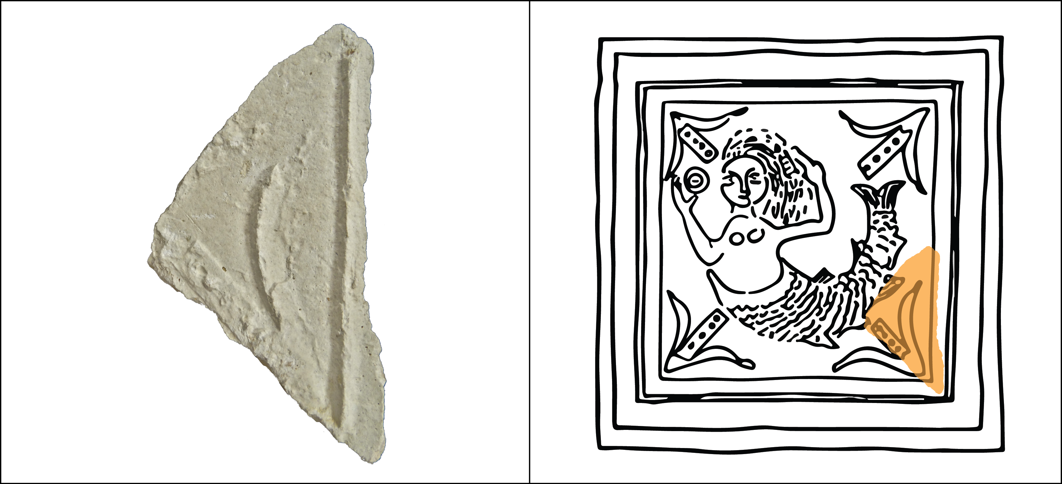Fragment d’emmotllat de guix recuperat i comparació amb la decoració conservada